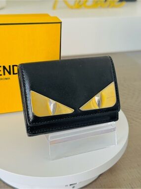 Fendi Monster Eyes Compact Wallet Black Leather Gold Tone Bag Bugs